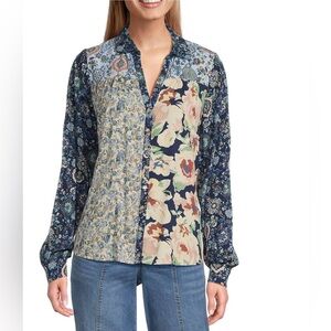Nurture by Westbound Mixed Print Floral Button Front Long Sleeve Blouse L